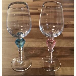 Gorham Crystal Gemstones Blue Pink Set Of 2 Wine Goblets 9.75"